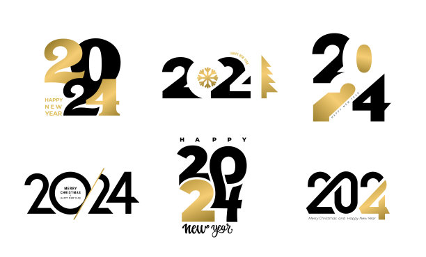 2024年新年快乐标志设计套装。印有愿望的2024年商业日记封面。宣传册设计模板、卡片。现代象征2024新年快乐。矢量趋势2024数字设计模板。图片下载