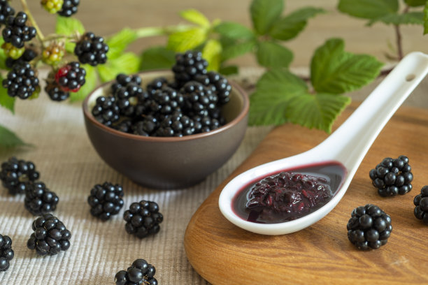 黑莓碗与黑莓果酱或果冻图片下载