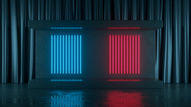 空的产品讲台，展览，暗室平台与紫外氖激光发光线图片下载