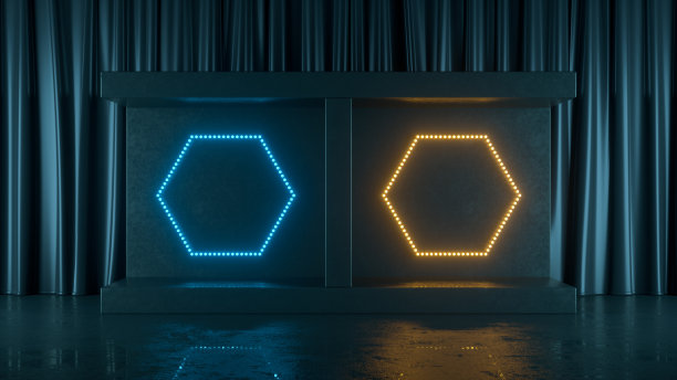 空的产品讲台，展览，暗室平台与紫外氖激光发光线图片下载