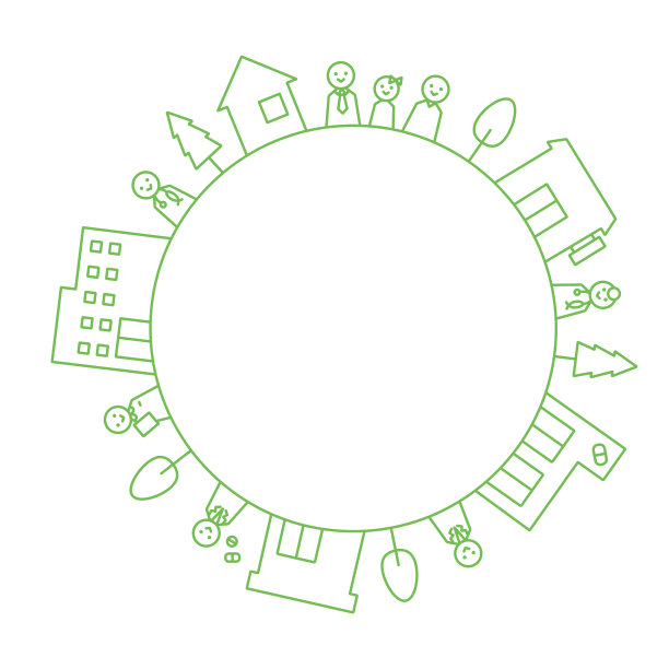 医院、药房、房屋、医务工作者和居民的线条插图。版本。圆,绿色,type2图片下载