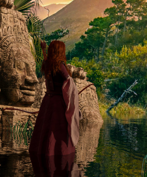 丛林中的一座寺庙前，女弓箭手手持弓箭图片下载