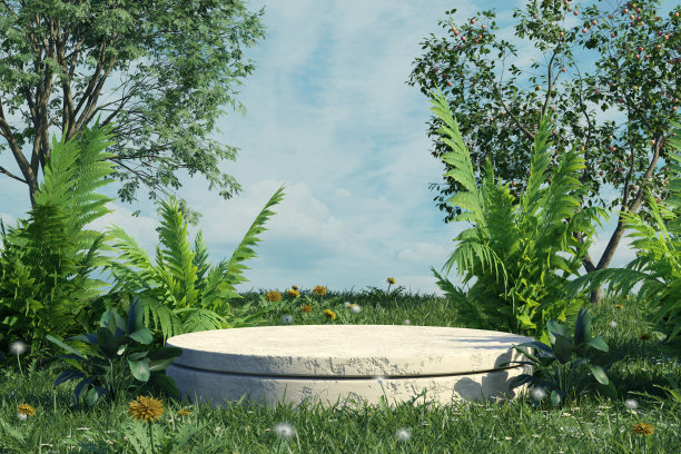 热带森林中的混凝土平台用于产品展示和多云背景。三维渲染图片下载
