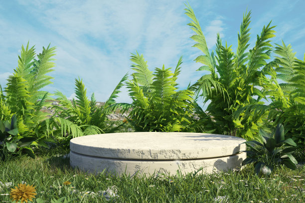 热带森林中的混凝土平台用于产品展示和多云背景。三维渲染图片下载