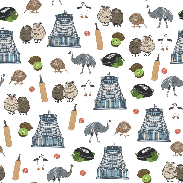 新西兰旅游地标无缝矢量图案。图片下载