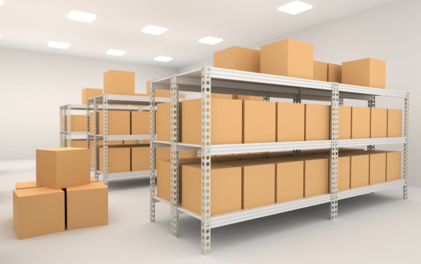 仓库内部的货架，货架和盒子3d渲染图片下载