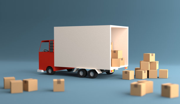 运送卡车车与纸箱高角度视图。图片下载
