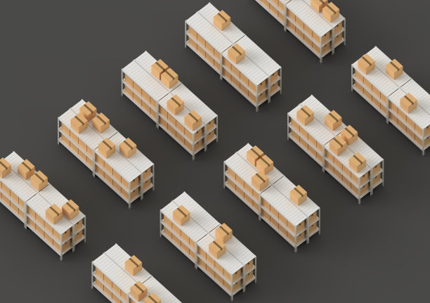 仓库与货架，货架和箱子，上面等距视图3d渲染。图片下载