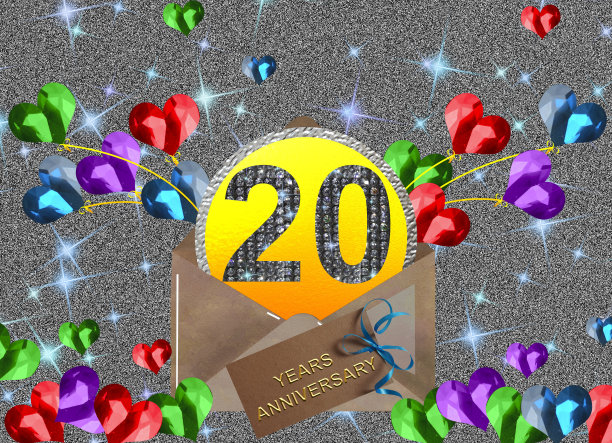 3d插图，20周年纪念。节日背景上的金色数字。周年庆典、晚会海报或卡片图片下载