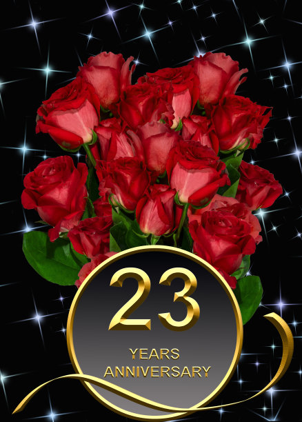 3d插图，23周年纪念。节日背景上的金色数字。周年庆典、晚会海报或卡片图片下载