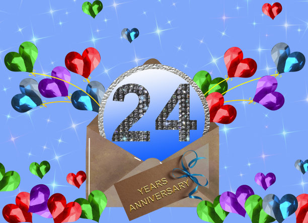 3d插图，24周年纪念。节日背景上的金色数字。周年庆典、晚会海报或卡片图片下载