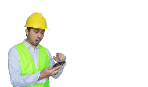 白色背景上孤立的建筑工人肖像图片下载