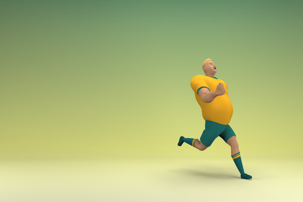一个穿着黄色衬衫和绿色裤子的运动员正在跑步。动画角色在表演中的三维渲染。图片下载