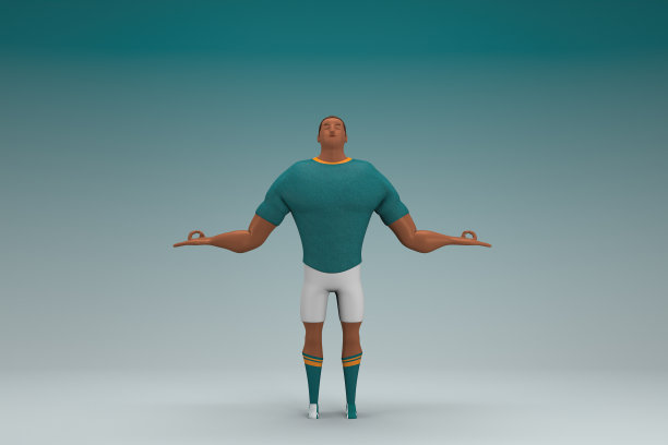 穿着绿色衬衫和白色裤子的运动员在说话时是手势。动画角色在表演中的三维渲染。图片下载