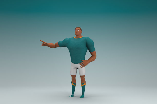 穿着绿色衬衫和白色裤子的运动员在说话时是手势。动画角色在表演中的三维渲染。图片下载