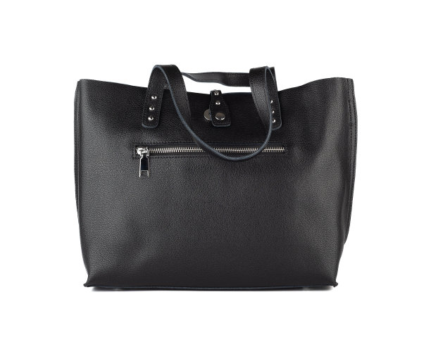 黑色女包，真皮制成，口袋上有拉链。图片下载