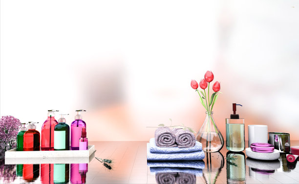 皮肤和身体护理温泉产品在一个散焦浴室背景。图片下载