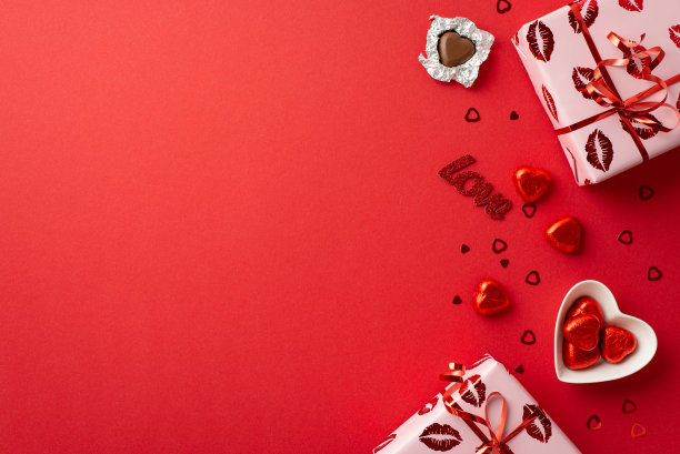 情人节的概念。顶部视图照片的礼盒包装与亲吻嘴唇图案心形板巧克力糖果铭文爱纸屑在孤立的红色背景与复制空间图片下载