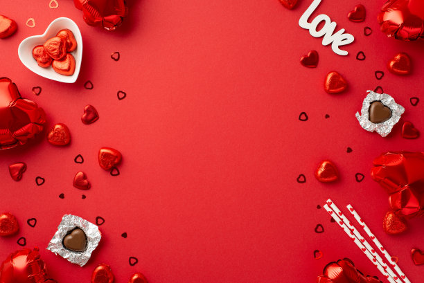 情人节的概念。顶部视图照片心形气球板与巧克力糖果吸管铭文爱和纸屑在孤立的红色背景与复制空间图片下载