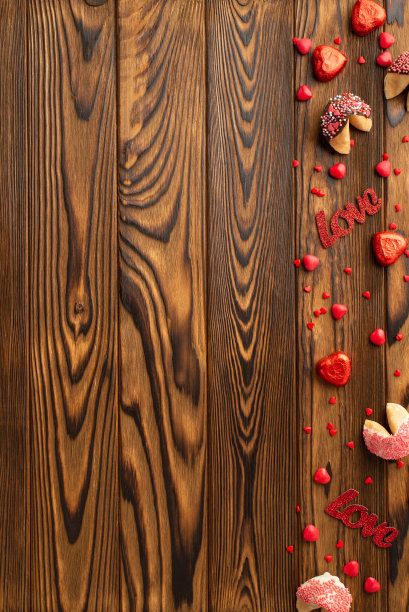 情人节的概念。顶部查看垂直照片的糖果心形糖果饼干和铭文爱在木桌背景与复制空间图片下载