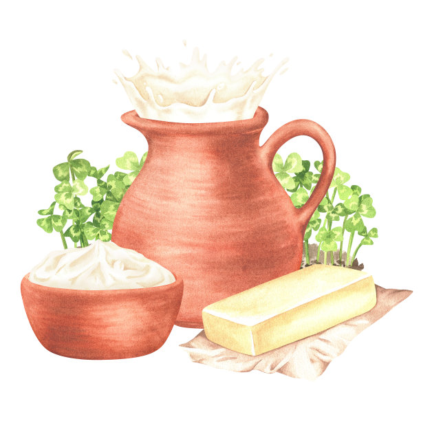 乳制品。黄油，酸奶油，牛奶在一个罐子里，背景是三叶草。水彩插图。孤立在白色背景上。设计厨房用具，乡村版画，食谱图片下载
