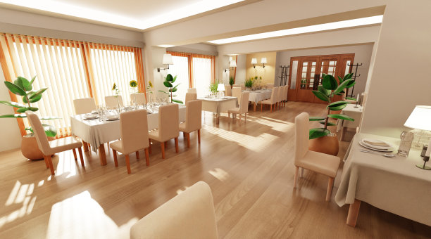 现代餐厅逼真的3D渲染图片下载