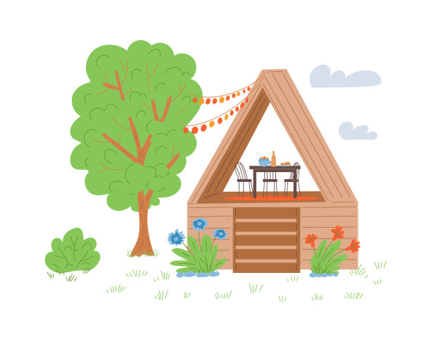 露营帐篷与餐桌为晚餐服务，平面矢量插图孤立。图片下载