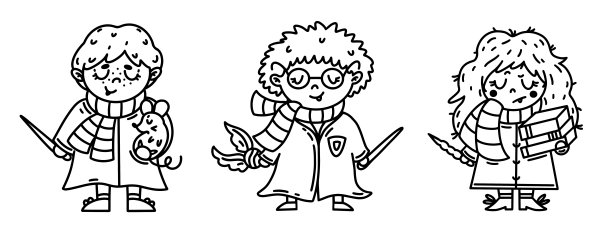 黄金三向量集。儿童涂色书。可爱的孩子巫师拿着魔杖，穿着长袍。巫术的学生。手绘剪纸孤立在白色。卡通轮廓卡，海报，印刷品图片下载