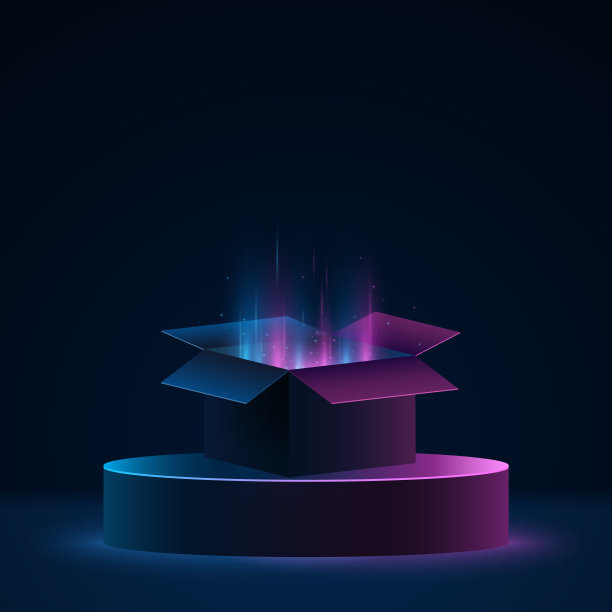 时尚的讲台和发光的神奇3d盒子与灯光效果。展示你的品牌的底座。销售舞台设计。矢量图图片下载