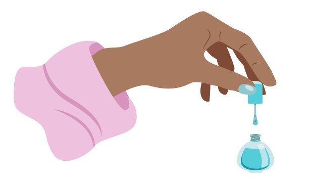 美丽的非洲女性手拿蓝色的指甲油刷在瓶子上孤立的白色图片下载