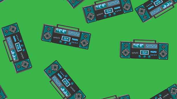 无缝模式无穷无尽的音乐音频卡带老式复古录音机复古潮从70年代，80年代，90年代隔离在绿色背景。矢量图图片下载