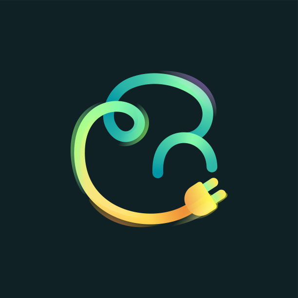 字母G标志的弯曲生动的梯度线与插头图标和彩虹闪闪发光。图片下载