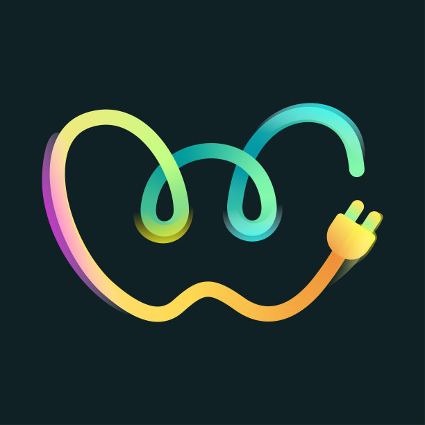 字母W标志的弯曲生动的梯度线与插头图标和彩虹闪耀。图片下载