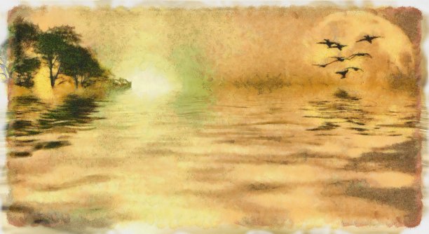 水彩景观在明亮的色彩与岛屿，水和天空图片下载