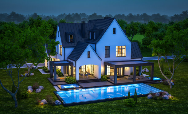 白色和黑色的现代都铎式房屋在夜间的3d渲染图片下载