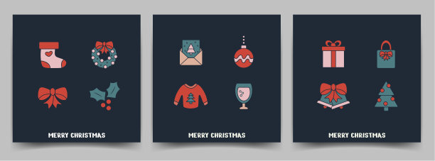 深色背景上的圣诞节假日贺卡，包含袜子、蝴蝶结、葡萄酒、毛衣、铃铛和文本的图标模板矢量素材图片下载
