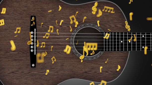 《以吉他为背景，在空中飘浮的金色音符》图片下载