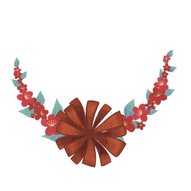 中国新年，日本新年和东方艺术的装饰用山茶花与红色蝴蝶结插图。图片下载