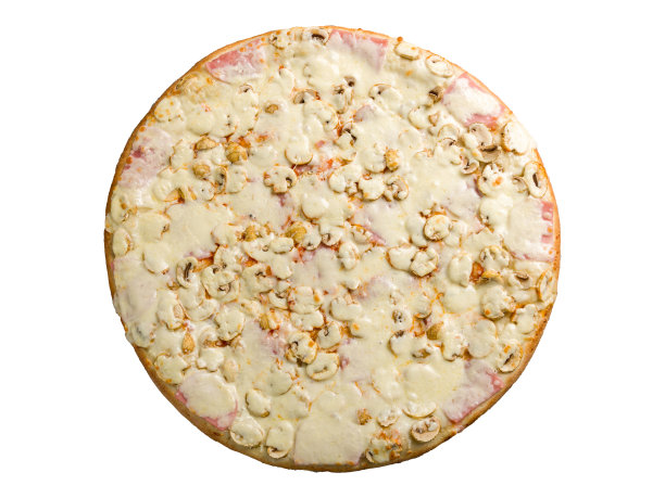 披萨与火腿和蘑菇孤立的白色背景俯视图图片下载