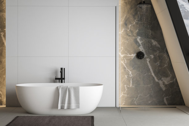 现代浴室内部，混凝土地板，白色椭圆形浴缸和白色盆，淋浴，从窗户可以看到植物和雪山景观。极简主义的浴室与现代家具。三维渲染图片下载