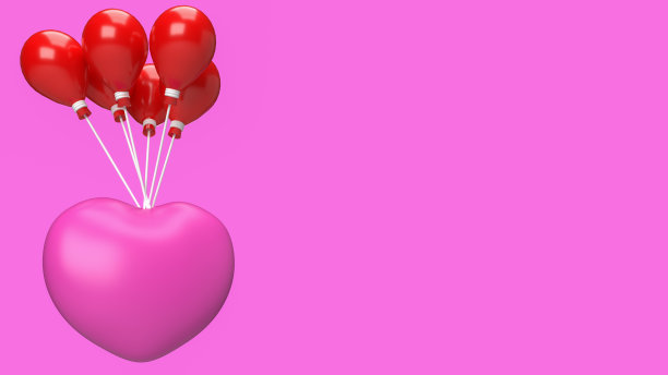 粉红色的心和红色的气球为情人节概念3d渲染图片下载
