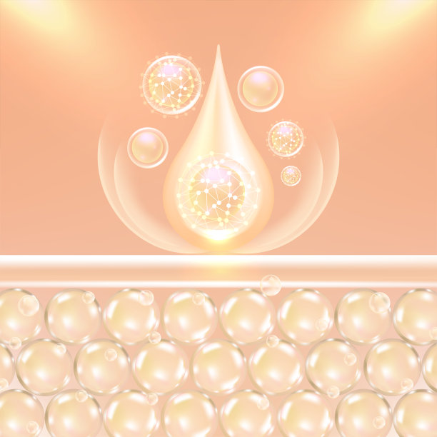 透明质酸头发和皮肤解决方案广告，黄金胶原蛋白精华滴入皮肤细胞与化妆品广告背景准备使用，插图载体。图片下载