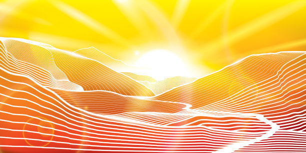 阳光景观。阳光下发光。夏季照明图像。山间小路。黄色背景上的白色轮廓插图。矢量设计艺术图片下载