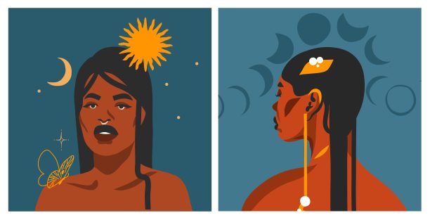 手绘矢量抽象图形当代现代艺术，审美时尚插画与美丽的现代女性，月亮和星星设置。女性设计概念艺术。时尚占星印刷品和海报。图片下载