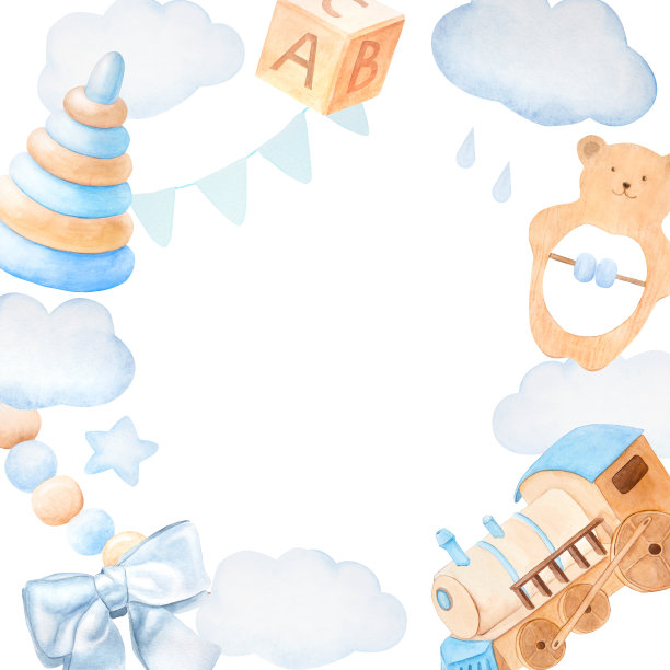 圆形框架花环的儿童玩具在蓝色和米色，水彩插图图片下载