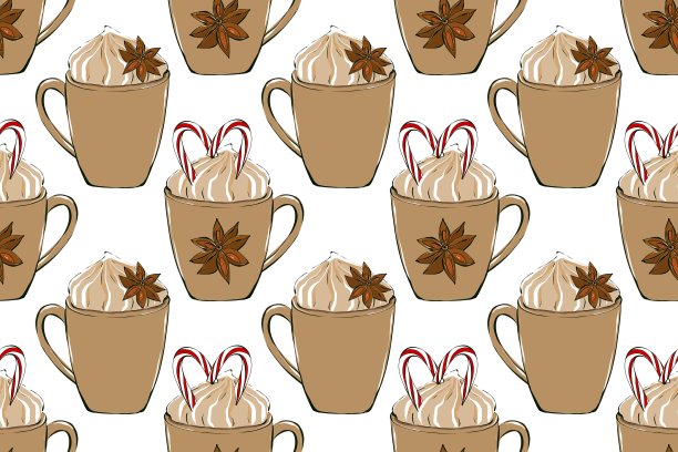 热饮缝模式。咖啡店收藏。一杯加糖和香料的咖啡。纺织及包装设计。图片下载