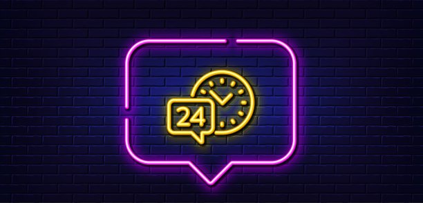 24小时服务线路图标。呼叫支持信号。霓虹灯语音泡泡。向量图片下载