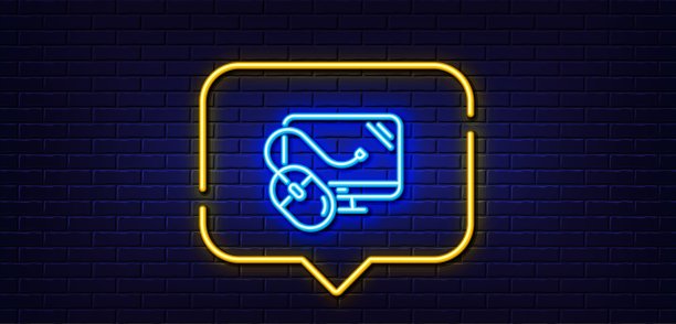 电脑线性图标。电脑鼠标组件标志。显示器符号。霓虹灯语音泡泡。矢量图片下载