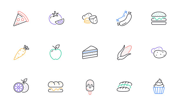 食物排队图标。蔬菜，水果和甜点图标。土豆，苹果，水果和一块蛋糕。向量图片下载