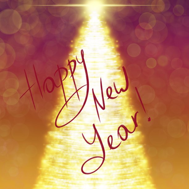 新年横幅，手绘明信片。闪闪发光的圣诞树上，刻着:新年快乐!图片下载